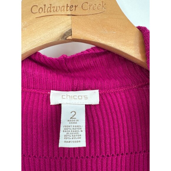Chicos 2 Womens Open Front Cardigan sweater ruffle Size Large Ribbed Knit pink - Picture 2 of 3